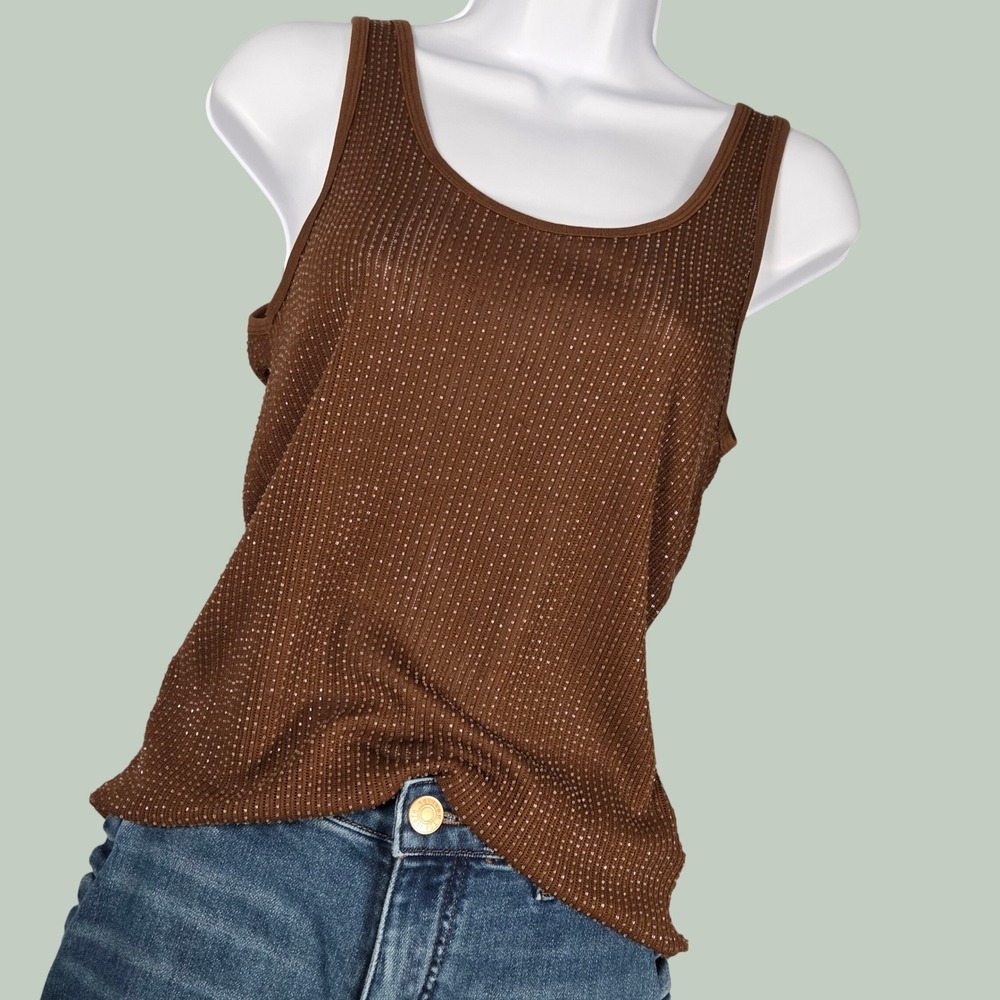 Ralph Lauren Black Label Women Large Tank Top Brown Beaded Ribbed Knit VTG 90s
